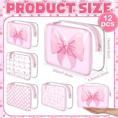 Sunnymove 12 Pcs Pink Bow Makeup Bags Bulk for Women - Clear PVC Coquette Cosmetic Bag with Zipper Travel Toiletry Pouch, Pink Bow Gifts for Birthday Coquette Party Favor Storage Accessories - görsel 8