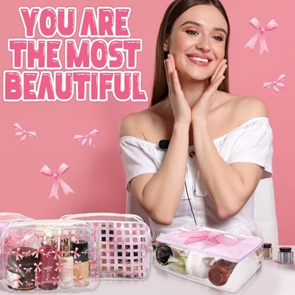 Sunnymove 12 Pcs Pink Bow Makeup Bags Bulk for Women - Clear PVC Coquette Cosmetic Bag with Zipper Travel Toiletry Pouch, Pink Bow Gifts for Birthday Coquette Party Favor Storage Accessories