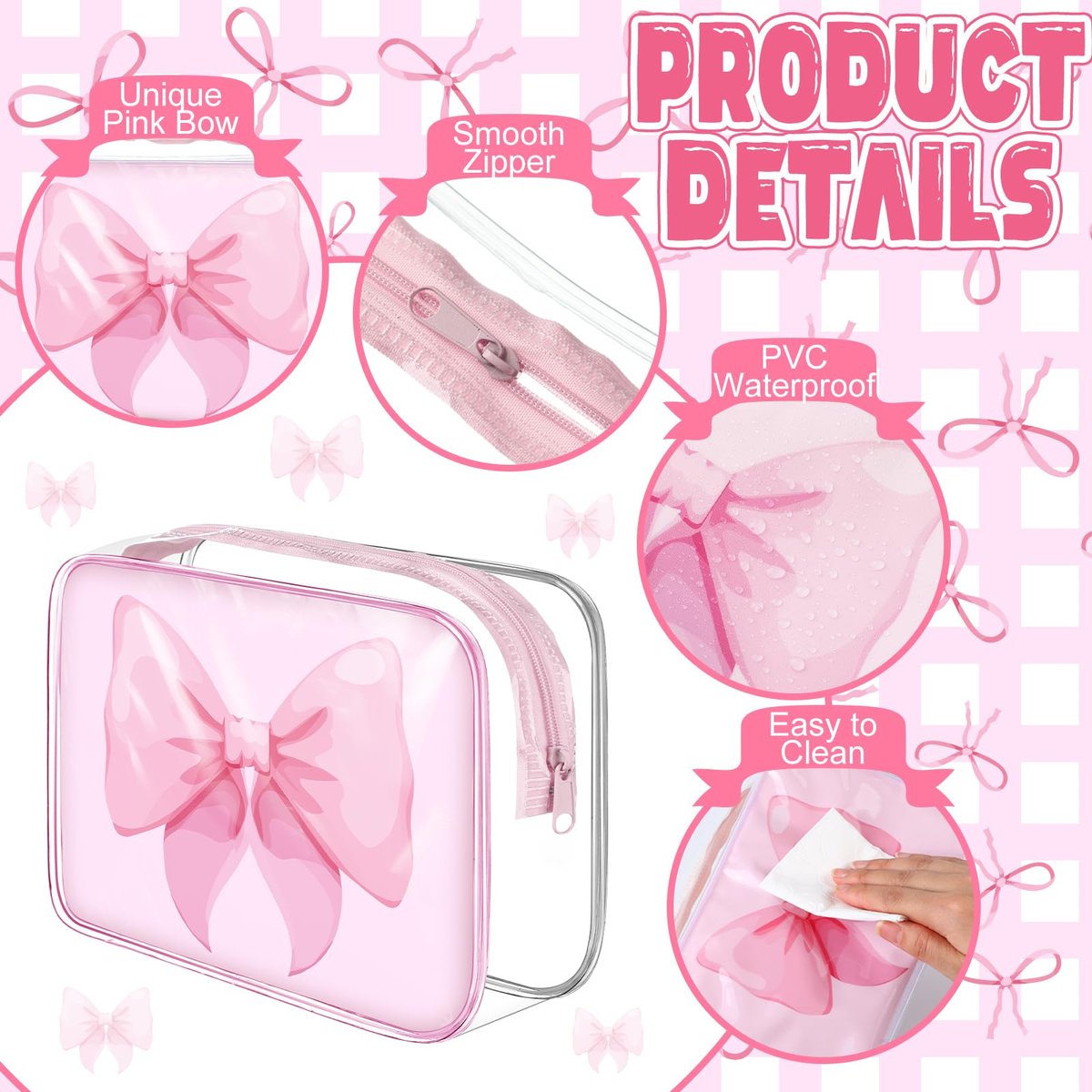 Sunnymove 12 Pcs Pink Bow Makeup Bags Bulk for Women - Clear PVC Coquette Cosmetic Bag with Zipper Travel Toiletry Pouch, Pink Bow Gifts for Birthday Coquette Party Favor Storage Accessories - görsel 9