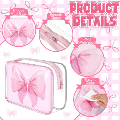 Sunnymove 12 Pcs Pink Bow Makeup Bags Bulk for Women - Clear PVC Coquette Cosmetic Bag with Zipper Travel Toiletry Pouch, Pink Bow Gifts for Birthday Coquette Party Favor Storage Accessories