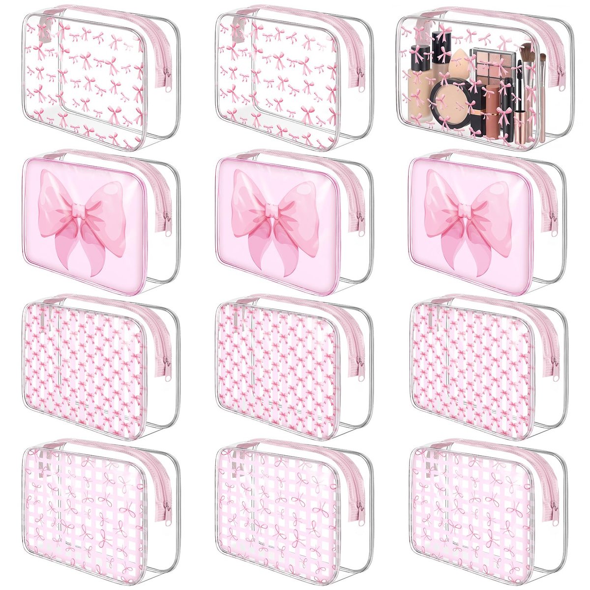 Sunnymove 12 Pcs Pink Bow Makeup Bags Bulk for Women - Clear PVC Coquette Cosmetic Bag with Zipper Travel Toiletry Pouch, Pink Bow Gifts for Birthday Coquette Party Favor Storage Accessories - görsel 1