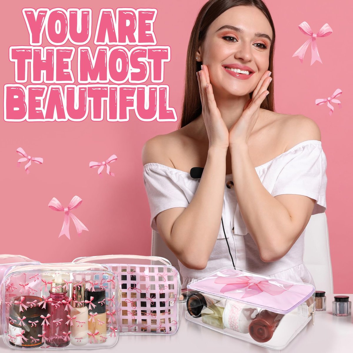 Sunnymove 12 Pcs Pink Bow Makeup Bags Bulk for Women - Clear PVC Coquette Cosmetic Bag with Zipper Travel Toiletry Pouch, Pink Bow Gifts for Birthday Coquette Party Favor Storage Accessories - görsel 5