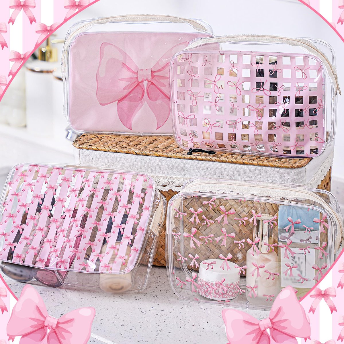 Sunnymove 12 Pcs Pink Bow Makeup Bags Bulk for Women - Clear PVC Coquette Cosmetic Bag with Zipper Travel Toiletry Pouch, Pink Bow Gifts for Birthday Coquette Party Favor Storage Accessories - görsel 13
