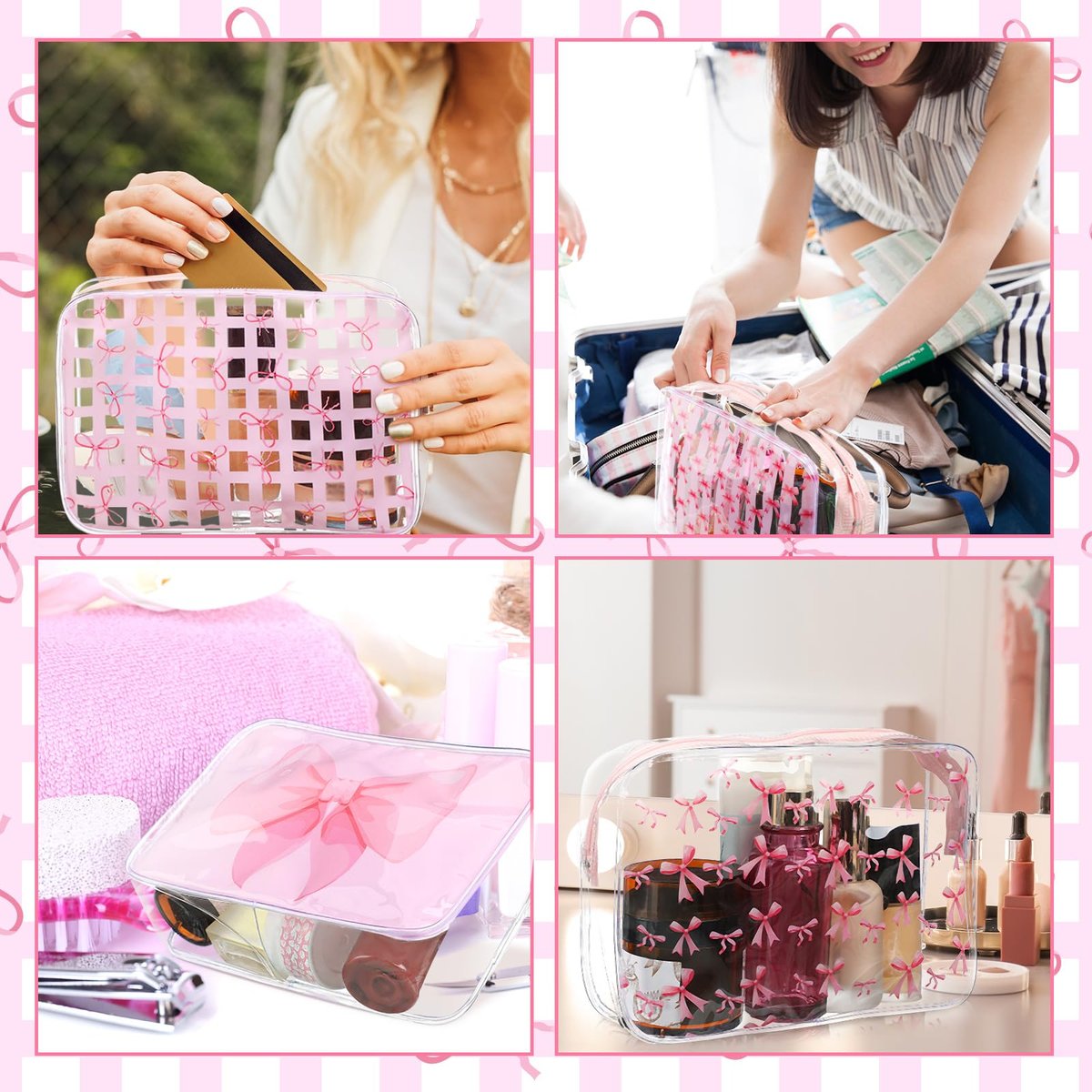 Sunnymove 12 Pcs Pink Bow Makeup Bags Bulk for Women - Clear PVC Coquette Cosmetic Bag with Zipper Travel Toiletry Pouch, Pink Bow Gifts for Birthday Coquette Party Favor Storage Accessories - görsel 11