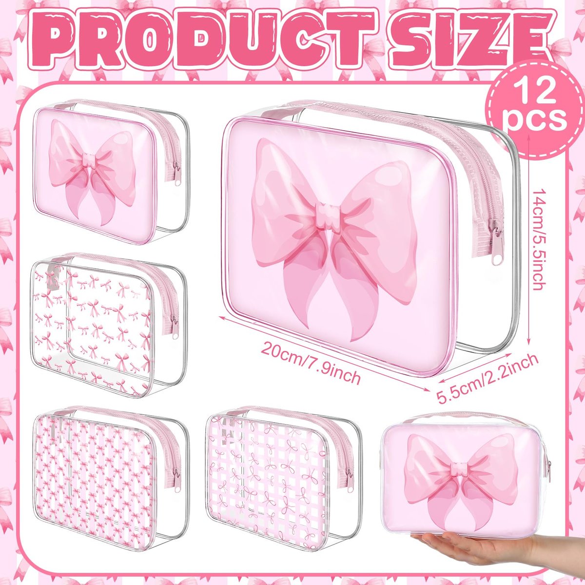 Sunnymove 12 Pcs Pink Bow Makeup Bags Bulk for Women - Clear PVC Coquette Cosmetic Bag with Zipper Travel Toiletry Pouch, Pink Bow Gifts for Birthday Coquette Party Favor Storage Accessories - görsel 7