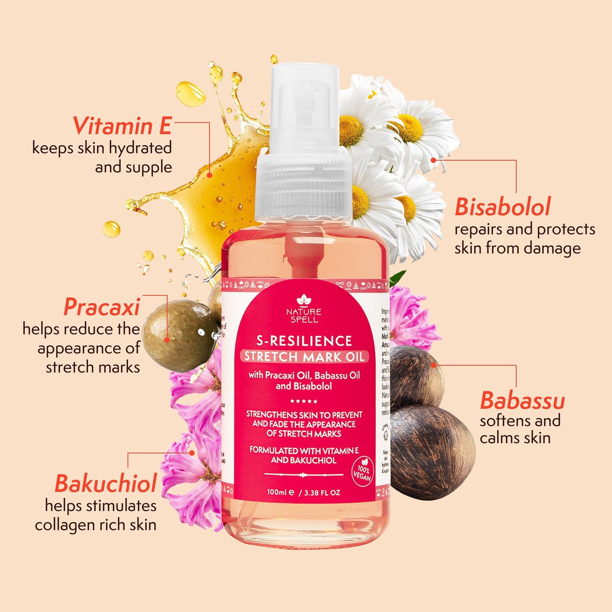Nature Spell Stretch Mark Oil for Women - Vegan Body Oil for Stretch Marks, Scars & Uneven Skin Tone, 3.38 Fl Oz Avelisse