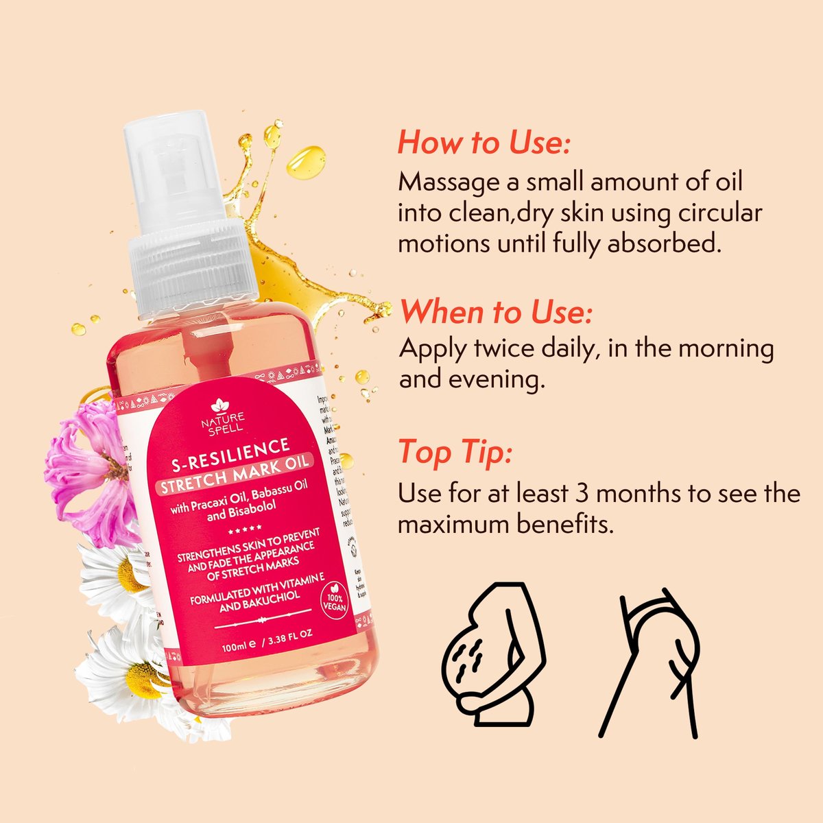 Nature Spell Stretch Mark Oil for Women - Vegan Body Oil for Stretch Marks, Scars & Uneven Skin Tone, 3.38 Fl Oz Avelisse