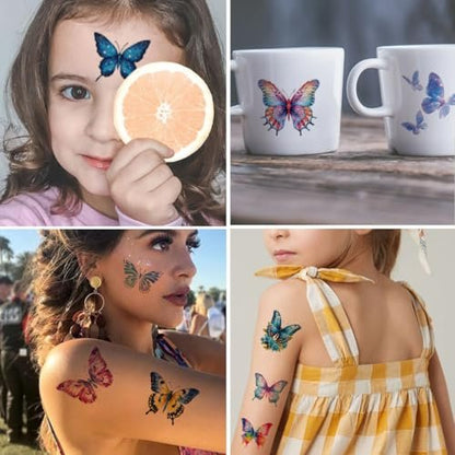CHARLENT Glitter Butterfly Temporary Tattoos for Kids - 74 Individual Watercolor Sheets for Birthday Party Decorations & Fun