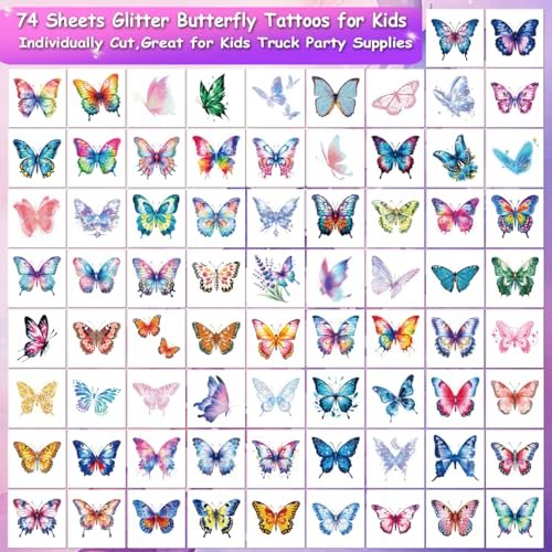 CHARLENT Glitter Butterfly Temporary Tattoos for Kids - 74 Individual Watercolor Sheets for Birthday Party Decorations & Fun - görsel 4