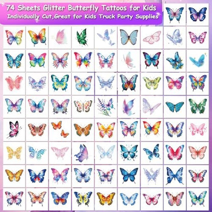 CHARLENT Glitter Butterfly Temporary Tattoos for Kids - 74 Individual Watercolor Sheets for Birthday Party Decorations & Fun