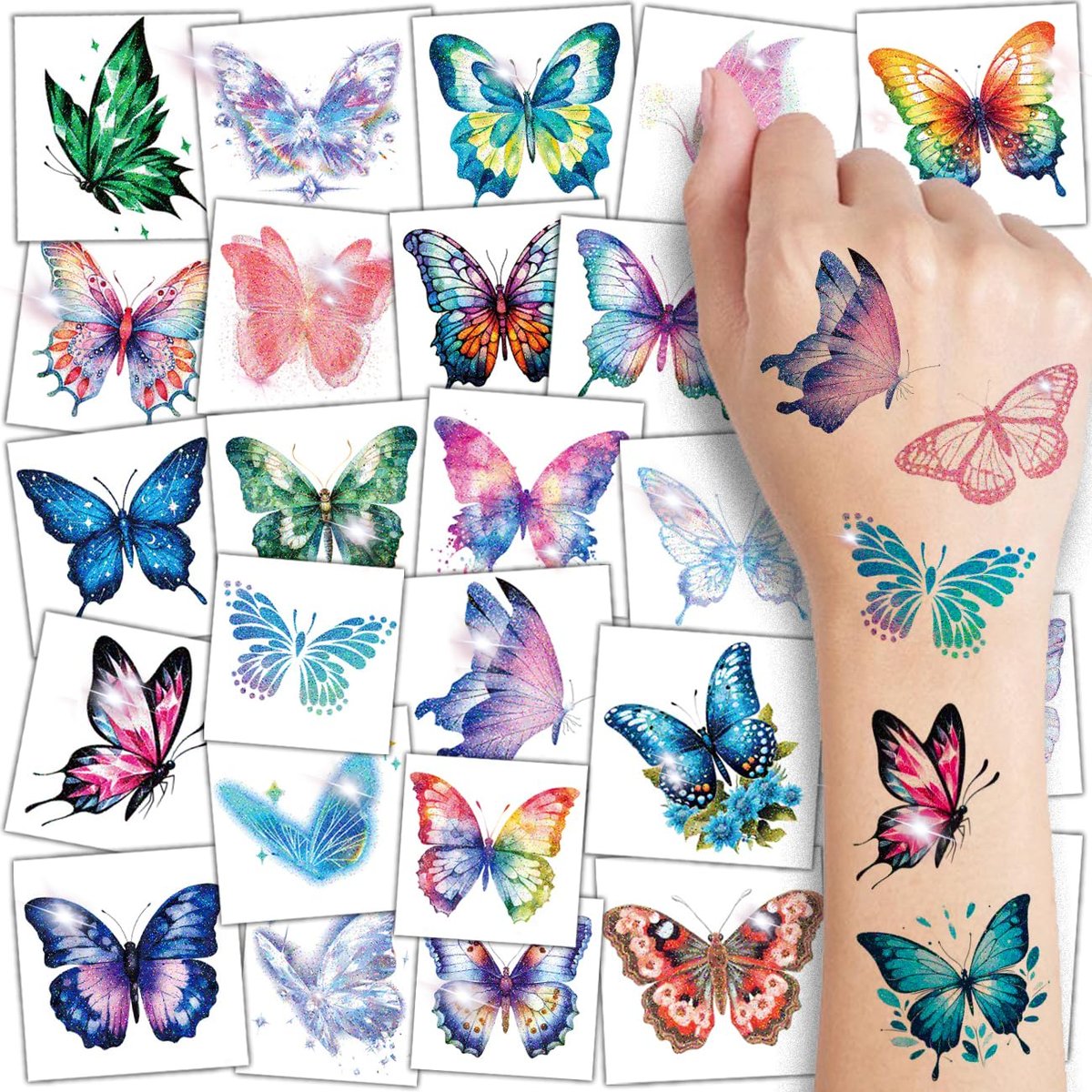 CHARLENT Glitter Butterfly Temporary Tattoos for Kids - 74 Individual Watercolor Sheets for Birthday Party Decorations & Fun - görsel 1