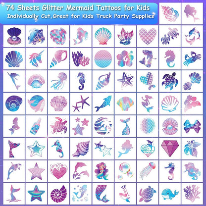 CHARLENT Glitter Mermaid Temporary Tattoos for Kids - 74 Individually Sheets, Mermaid Birthday Party Decorations & Favors
