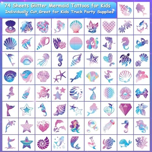 CHARLENT Glitter Mermaid Temporary Tattoos for Kids - 74 Individually Sheets, Mermaid Birthday Party Decorations & Favors - görsel 3