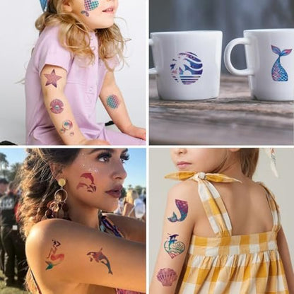 CHARLENT Glitter Mermaid Temporary Tattoos for Kids - 74 Individually Sheets, Mermaid Birthday Party Decorations & Favors