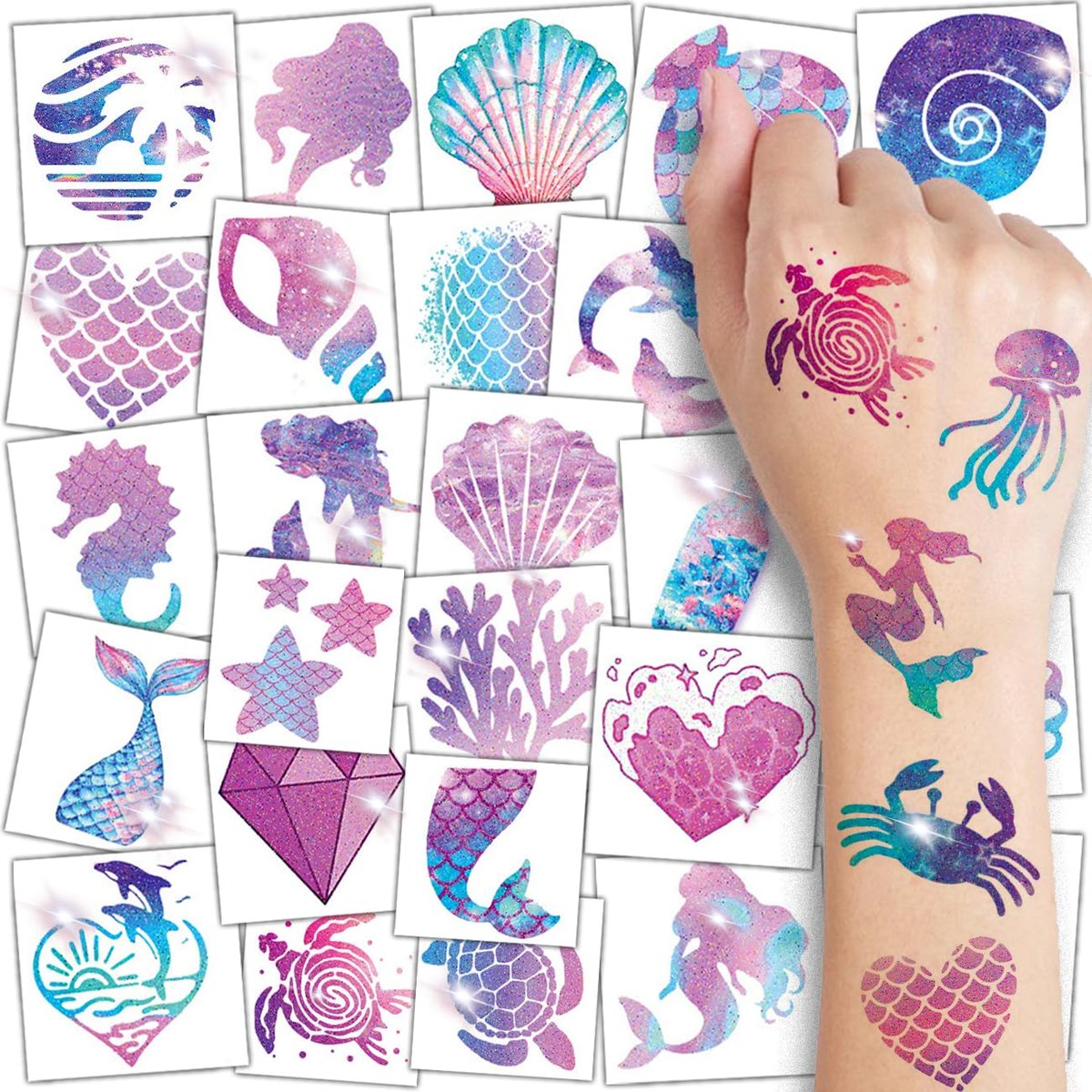 CHARLENT Glitter Mermaid Temporary Tattoos for Kids - 74 Individually Sheets, Mermaid Birthday Party Decorations & Favors - görsel 2