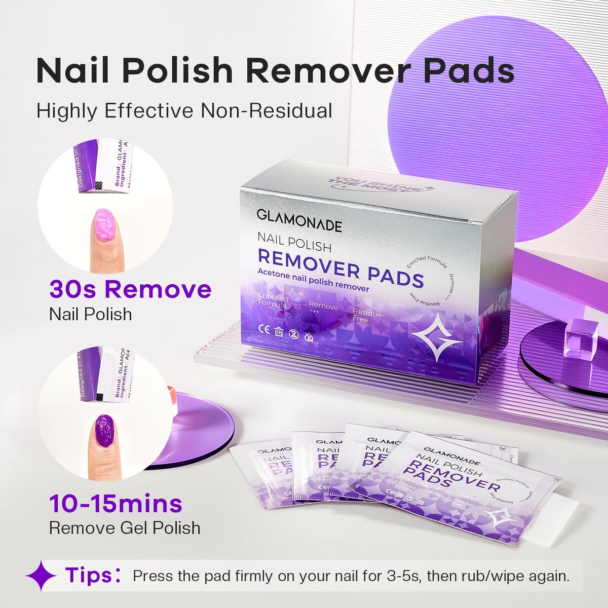 Glamonade Nail Polish Remover Pads: 50 Pack Bulk Set Acetone Nail Polish Remover Wipes Individually Wrapped - Rapidly Remove Gel Polish & Fingernail Polish Travel Kit for Home & Salon - görsel 7