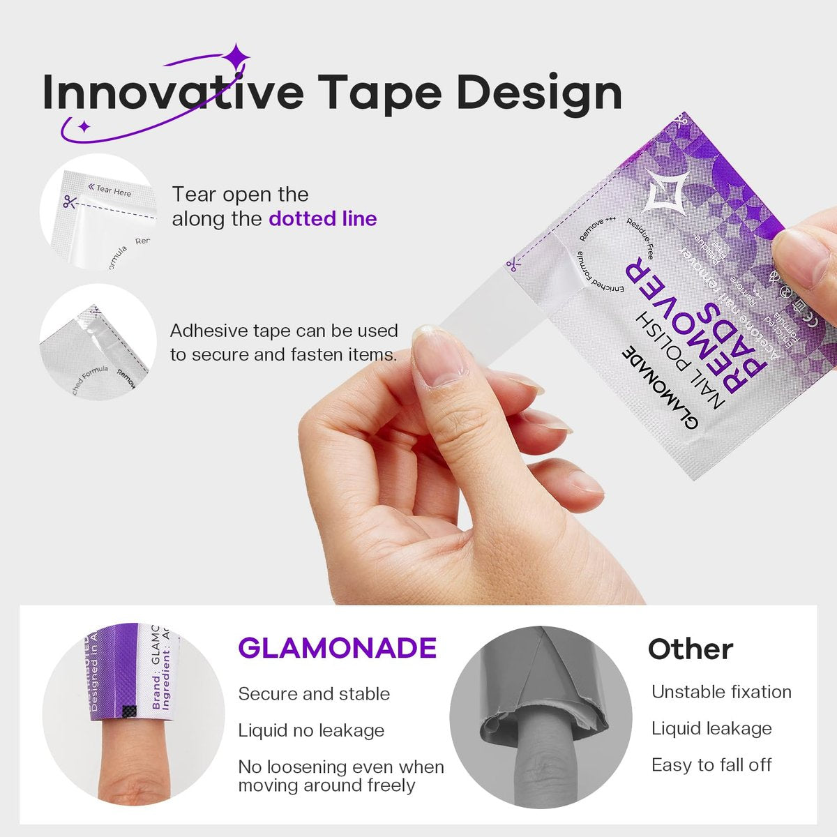 Glamonade Nail Polish Remover Pads: 50 Pack Bulk Set Acetone Nail Polish Remover Wipes Individually Wrapped - Rapidly Remove Gel Polish & Fingernail Polish Travel Kit for Home & Salon - görsel 5