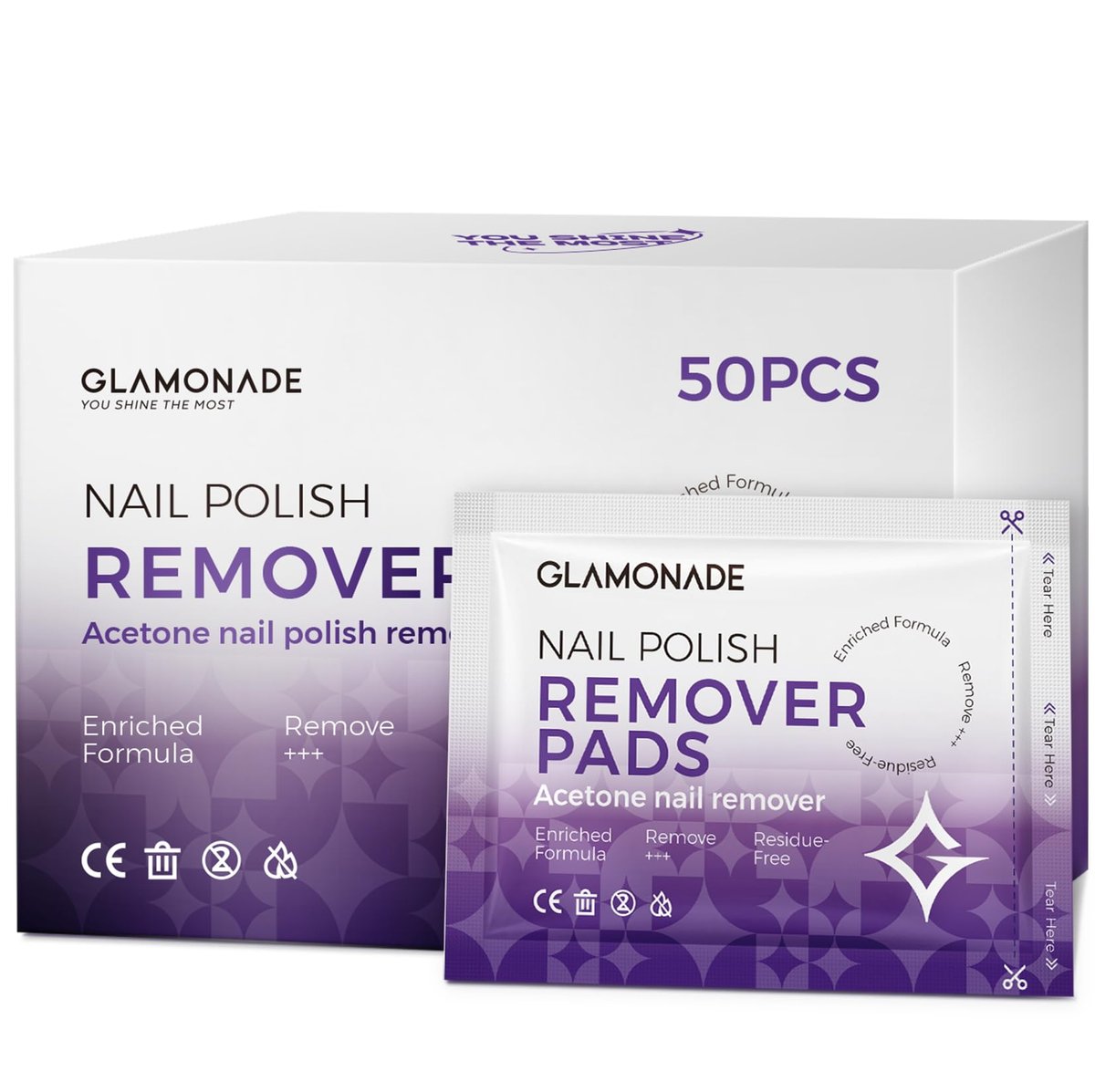 Glamonade Nail Polish Remover Pads: 50 Pack Bulk Set Acetone Nail Polish Remover Wipes Individually Wrapped - Rapidly Remove Gel Polish & Fingernail Polish Travel Kit for Home & Salon - görsel 1