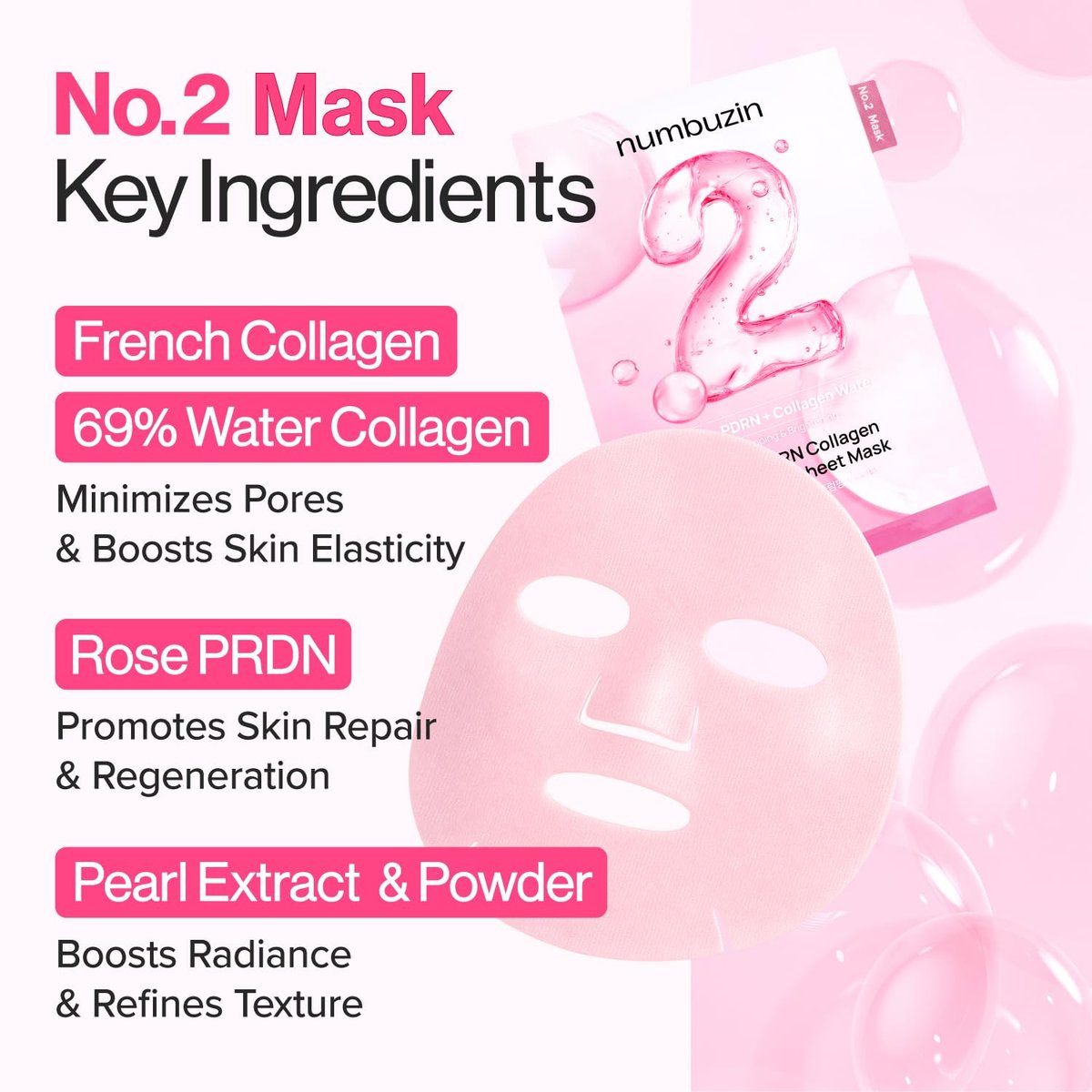 numbuzin No.2 Sheet Mask | Rose PDRN Collagen Plumping Sheet Mask | Brightening, Hydrating, Firming & Moisturizing Korean Face Mask with Collagen & Peptides | 4ea Avelisse