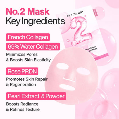 numbuzin No.2 Sheet Mask | Rose PDRN Collagen Plumping Sheet Mask | Brightening, Hydrating, Firming & Moisturizing Korean Face Mask with Collagen & Peptides | 4ea Avelisse