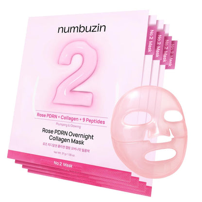 numbuzin No.2 Overnight Face Mask - Rose PDRN Overnight Collagen Mask for Korean Glass Skin - Hydrating, Firming, Pore Care - 4 Pack