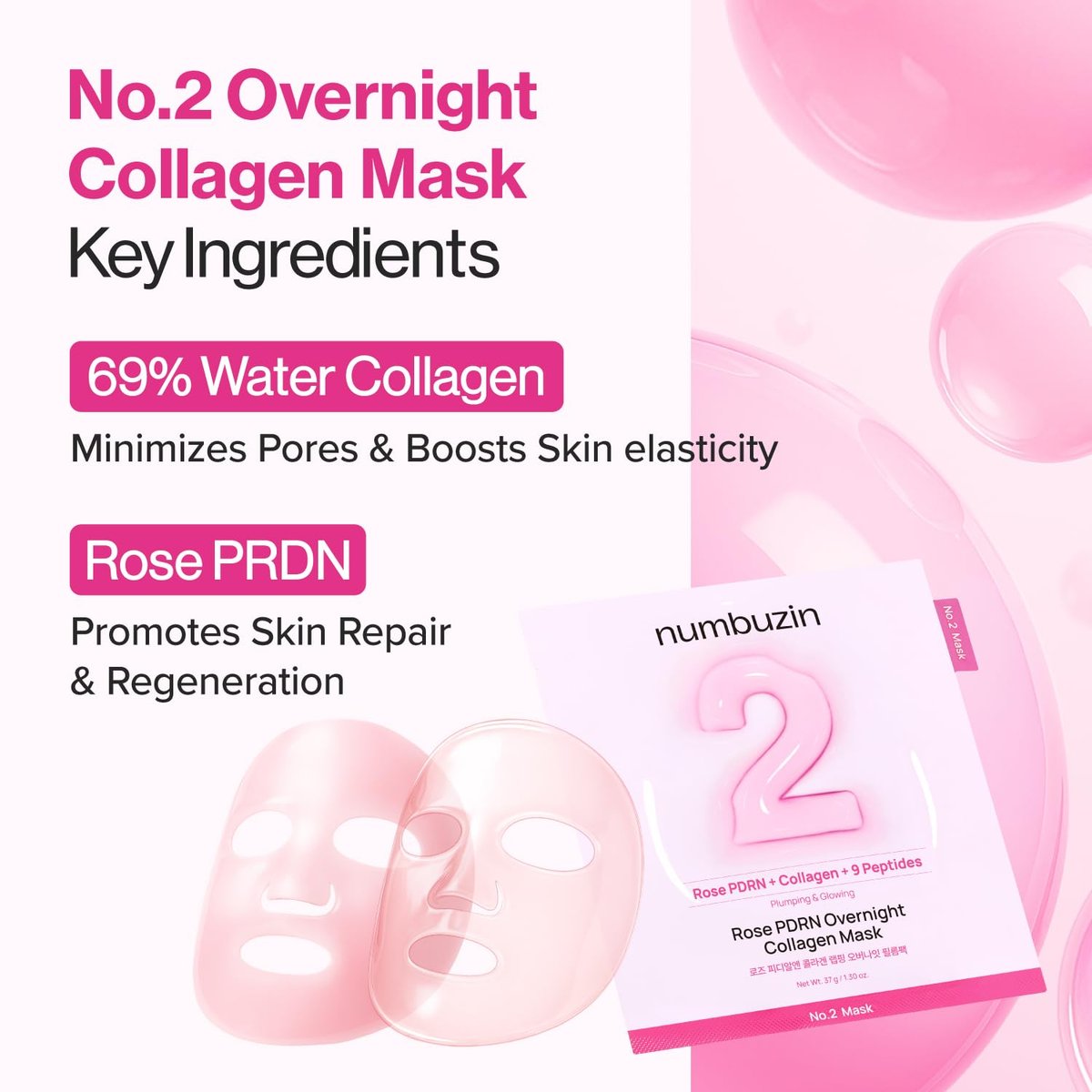 numbuzin No.2 Overnight Face Mask - Rose PDRN Overnight Collagen Mask for Korean Glass Skin - Hydrating, Firming, Pore Care - 4 Pack - görsel 11