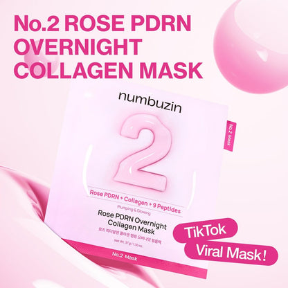 numbuzin No.2 Overnight Face Mask - Rose PDRN Overnight Collagen Mask for Korean Glass Skin - Hydrating, Firming, Pore Care - 4 Pack