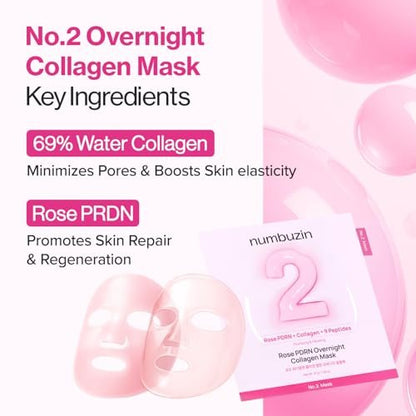 numbuzin No.2 Overnight Face Mask - Rose PDRN Overnight Collagen Mask for Korean Glass Skin - Hydrating, Firming, Pore Care - 4 Pack