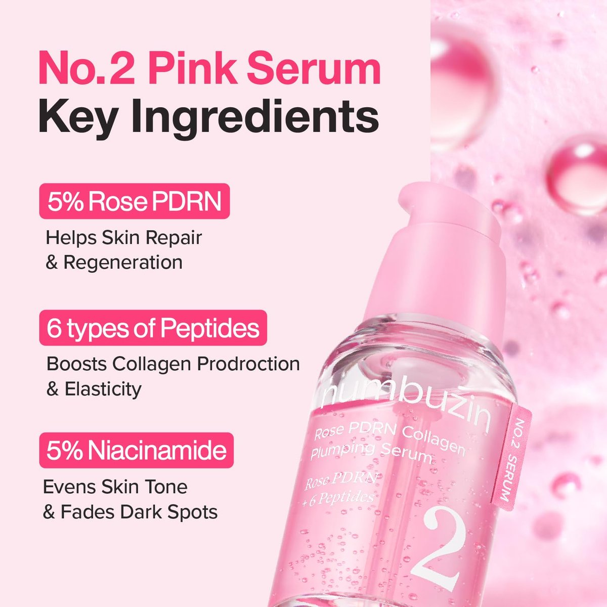 numbuzin No.2 Rose PDRN Collagen Plumping Serum - Hydrating & Firming Serum with Peptides for Plump, Glowing Skin - Korean Skincare, 1.01 fl oz (30ml) Avelisse