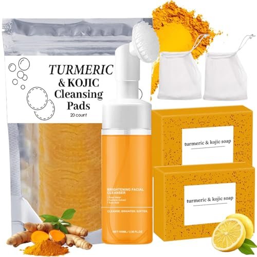 4-Piece Turmeric Wash and Care Set: Facial Cleanser, Soap Bar, and Face Scrub Pads for Deep Cleansing Avelisse