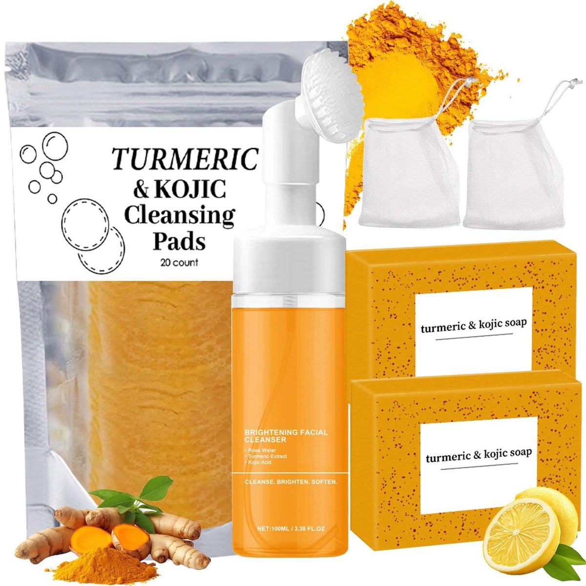 4-Piece Turmeric Wash and Care Set: Facial Cleanser, Soap Bar, and Face Scrub Pads for Deep Cleansing Avelisse