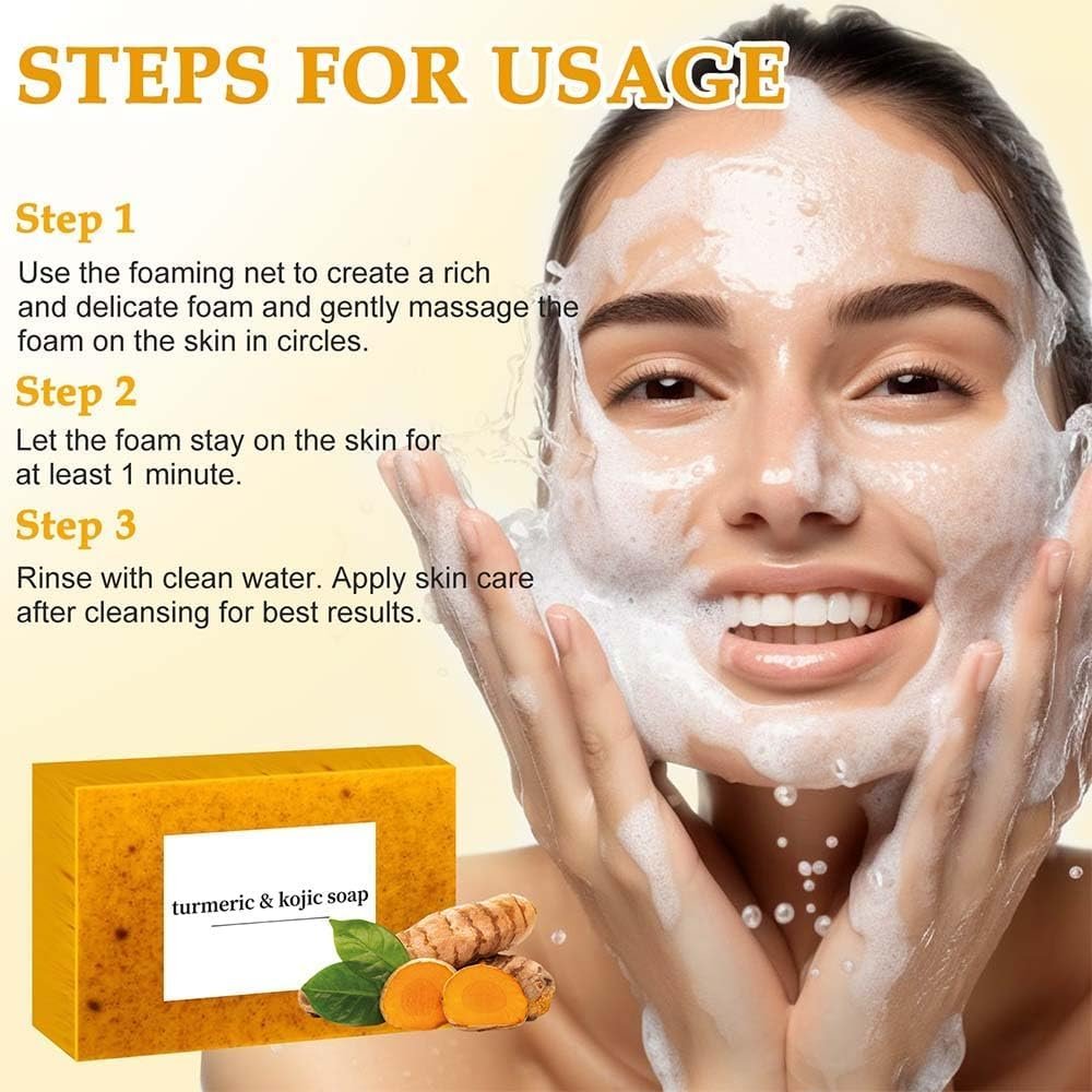 4-Piece Turmeric Wash and Care Set: Facial Cleanser, Soap Bar, and Face Scrub Pads for Deep Cleansing Avelisse