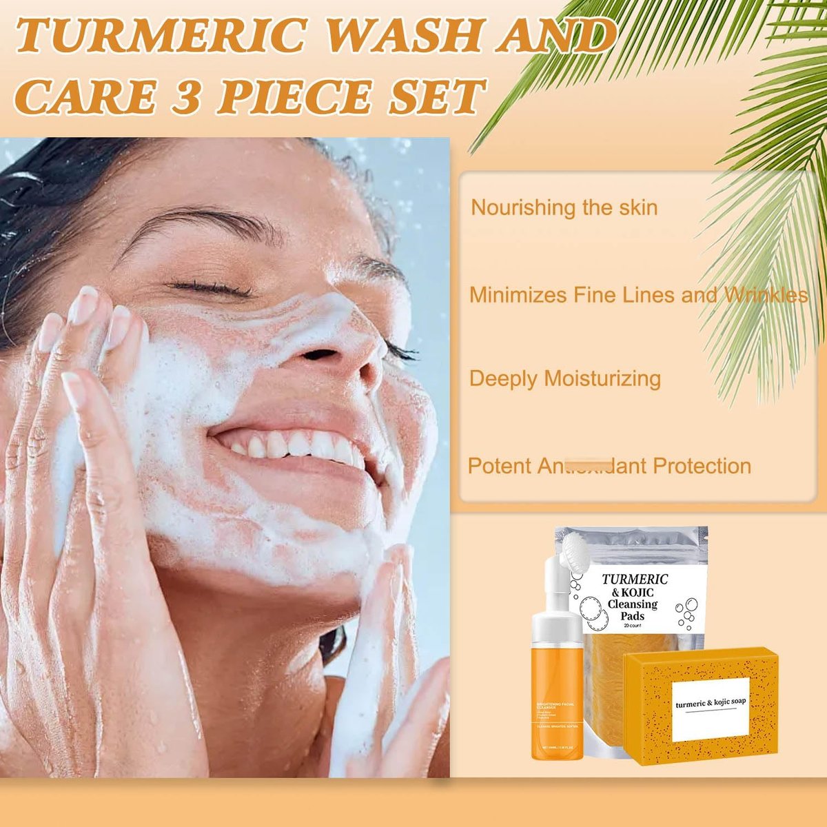 4-Piece Turmeric Wash and Care Set: Facial Cleanser, Soap Bar, and Face Scrub Pads for Deep Cleansing Avelisse