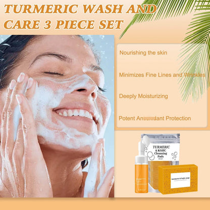 4-Piece Turmeric Wash and Care Set: Facial Cleanser, Soap Bar, and Face Scrub Pads for Deep Cleansing Avelisse