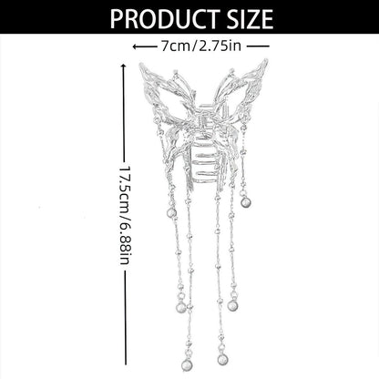 Hollow Butterfly Hair Clips with Tassel - Silver Metal Crystal Pearl Butterfly Hair Barrettes, Sparkling Fluttering Chain Tassel Nonslip Claw Hair Accessories for Women Avelisse