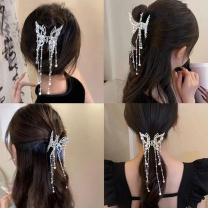 Hollow Butterfly Hair Clips with Tassel - Silver Metal Crystal Pearl Butterfly Hair Barrettes, Sparkling Fluttering Chain Tassel Nonslip Claw Hair Accessories for Women Avelisse