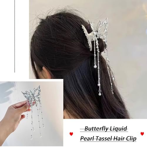 Hollow Butterfly Hair Clips with Tassel - Silver Metal Crystal Pearl Butterfly Hair Barrettes, Sparkling Fluttering Chain Tassel Nonslip Claw Hair Accessories for Women Avelisse
