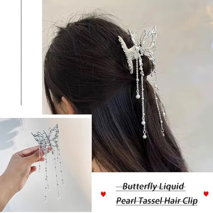 Hollow Butterfly Hair Clips with Tassel - Silver Metal Crystal Pearl Butterfly Hair Barrettes, Sparkling Fluttering Chain Tassel Nonslip Claw Hair Accessories for Women Avelisse