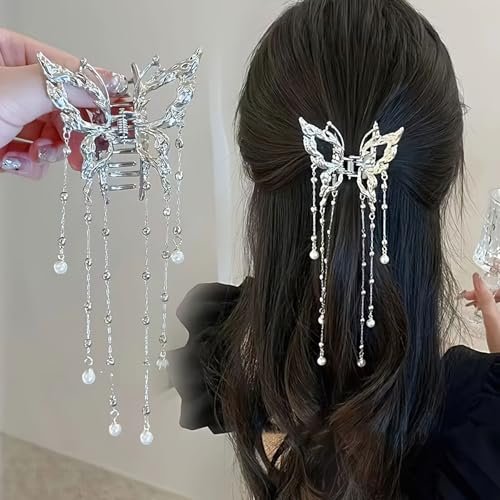 Hollow Butterfly Hair Clips with Tassel - Silver Metal Crystal Pearl Butterfly Hair Barrettes, Sparkling Fluttering Chain Tassel Nonslip Claw Hair Accessories for Women Avelisse