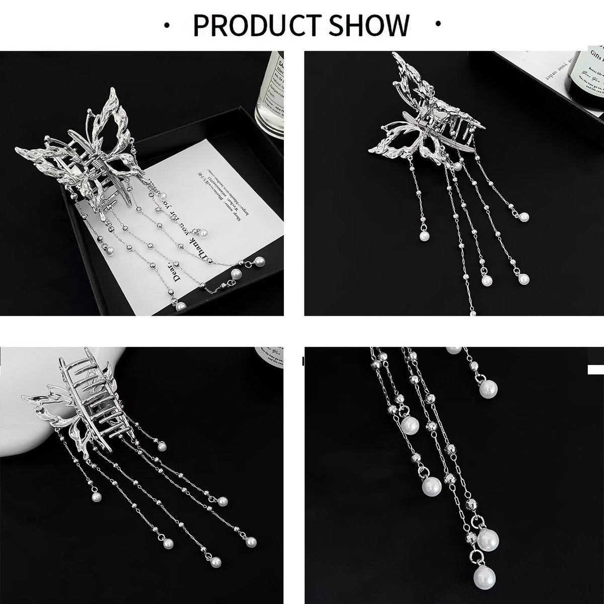 Hollow Butterfly Hair Clips with Tassel - Silver Metal Crystal Pearl Butterfly Hair Barrettes, Sparkling Fluttering Chain Tassel Nonslip Claw Hair Accessories for Women Avelisse