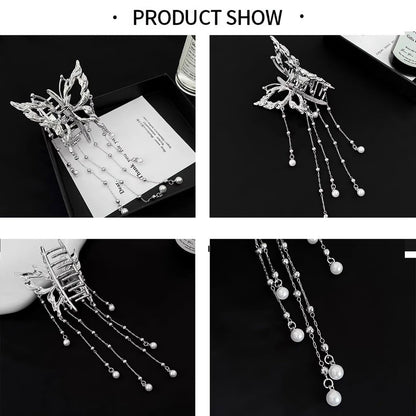 Hollow Butterfly Hair Clips with Tassel - Silver Metal Crystal Pearl Butterfly Hair Barrettes, Sparkling Fluttering Chain Tassel Nonslip Claw Hair Accessories for Women Avelisse