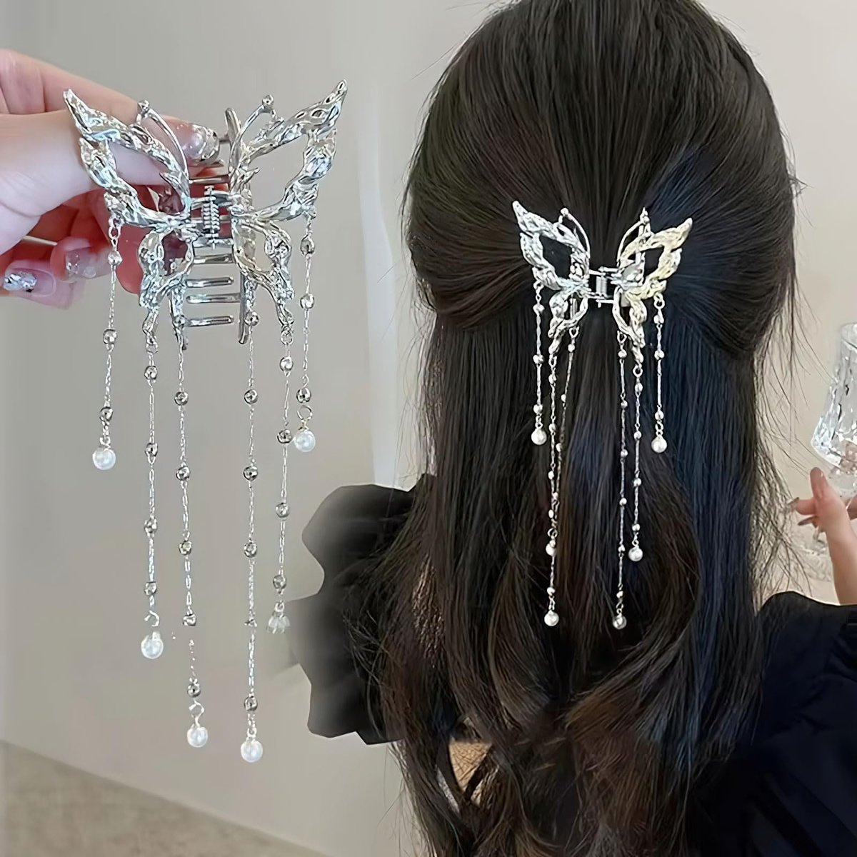 Hollow Butterfly Hair Clips with Tassel - Silver Metal Crystal Pearl Butterfly Hair Barrettes, Sparkling Fluttering Chain Tassel Nonslip Claw Hair Accessories for Women Avelisse
