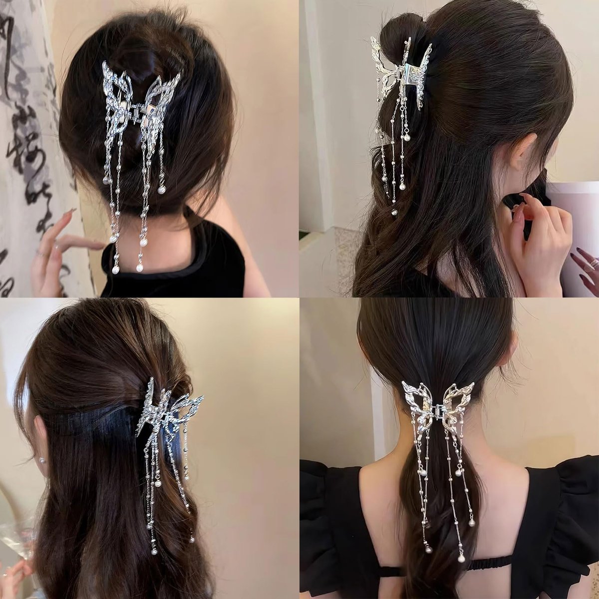 Hollow Butterfly Hair Clips with Tassel - Silver Metal Crystal Pearl Butterfly Hair Barrettes, Sparkling Fluttering Chain Tassel Nonslip Claw Hair Accessories for Women Avelisse