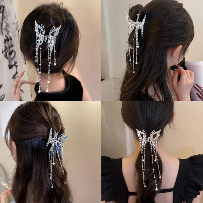 Hollow Butterfly Hair Clips with Tassel - Silver Metal Crystal Pearl Butterfly Hair Barrettes, Sparkling Fluttering Chain Tassel Nonslip Claw Hair Accessories for Women Avelisse