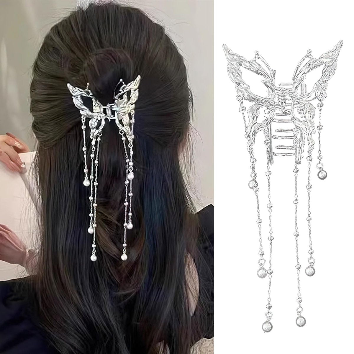 Hollow Butterfly Hair Clips with Tassel - Silver Metal Crystal Pearl Butterfly Hair Barrettes, Sparkling Fluttering Chain Tassel Nonslip Claw Hair Accessories for Women Avelisse