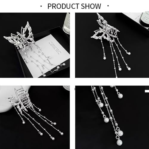 Hollow Butterfly Hair Clips with Tassel - Silver Metal Crystal Pearl Butterfly Hair Barrettes, Sparkling Fluttering Chain Tassel Nonslip Claw Hair Accessories for Women Avelisse