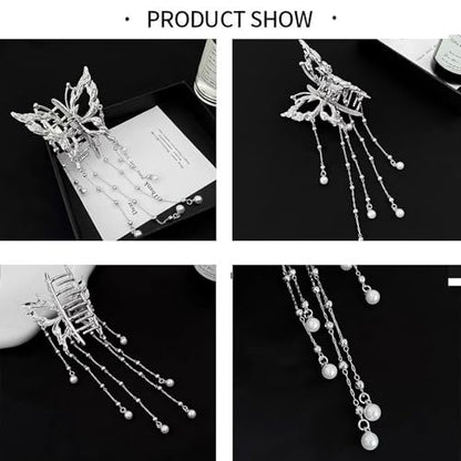 Hollow Butterfly Hair Clips with Tassel - Silver Metal Crystal Pearl Butterfly Hair Barrettes, Sparkling Fluttering Chain Tassel Nonslip Claw Hair Accessories for Women Avelisse