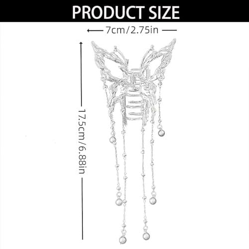 Hollow Butterfly Hair Clips with Tassel - Silver Metal Crystal Pearl Butterfly Hair Barrettes, Sparkling Fluttering Chain Tassel Nonslip Claw Hair Accessories for Women Avelisse