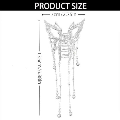Hollow Butterfly Hair Clips with Tassel - Silver Metal Crystal Pearl Butterfly Hair Barrettes, Sparkling Fluttering Chain Tassel Nonslip Claw Hair Accessories for Women Avelisse