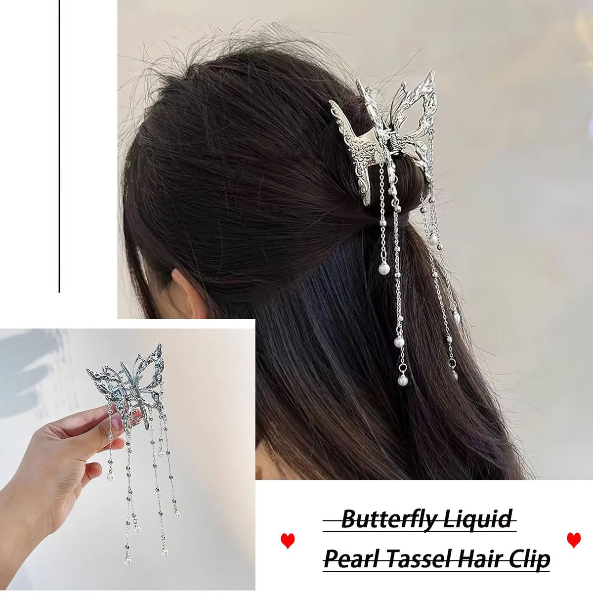 Hollow Butterfly Hair Clips with Tassel - Silver Metal Crystal Pearl Butterfly Hair Barrettes, Sparkling Fluttering Chain Tassel Nonslip Claw Hair Accessories for Women Avelisse